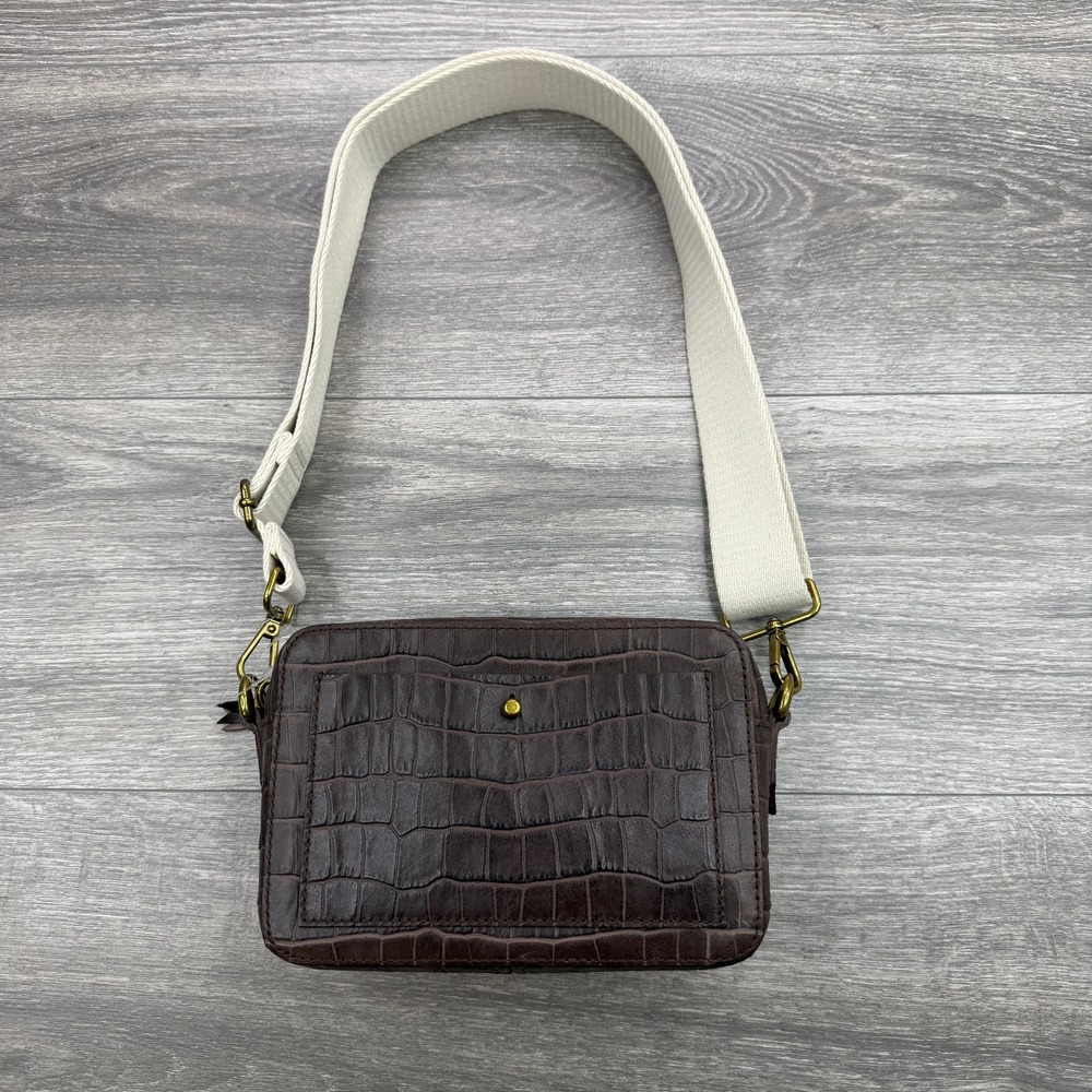 Madewell Transport Camera Bag Croc Embossed Leather Brown Crossbody 2 Straps NWT